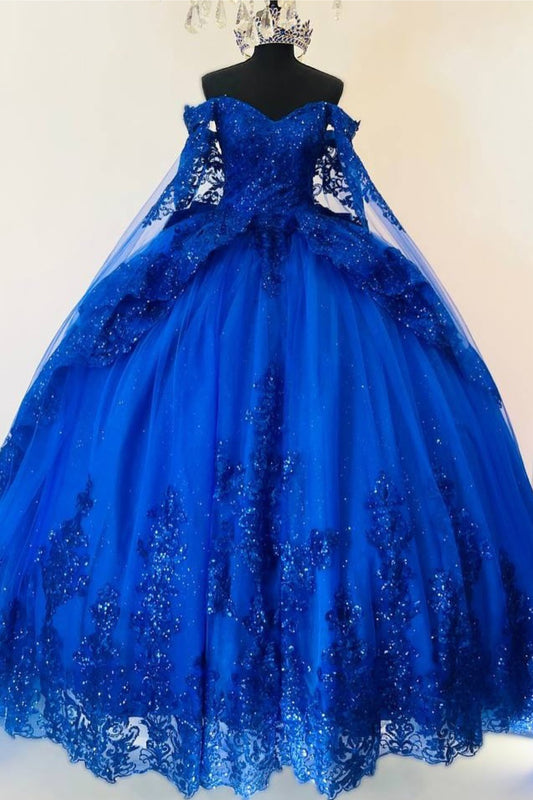 Princess Ball Gown Lace Appliqued Quinceanera Dresses Tulle Sweet 15 Party Gowns HE1386