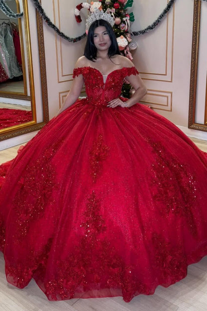 Ball Gown Princess Red Quinceanera Dresses Off Shoulder Sweet 15 Birthday Gowns HE1259