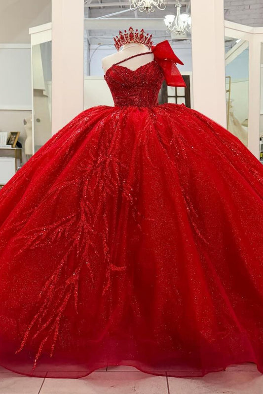 Princess Ball Gown Lace Beaded Red Quinceanera Dresses Sweet 16 Birthday Party Gown HE1254