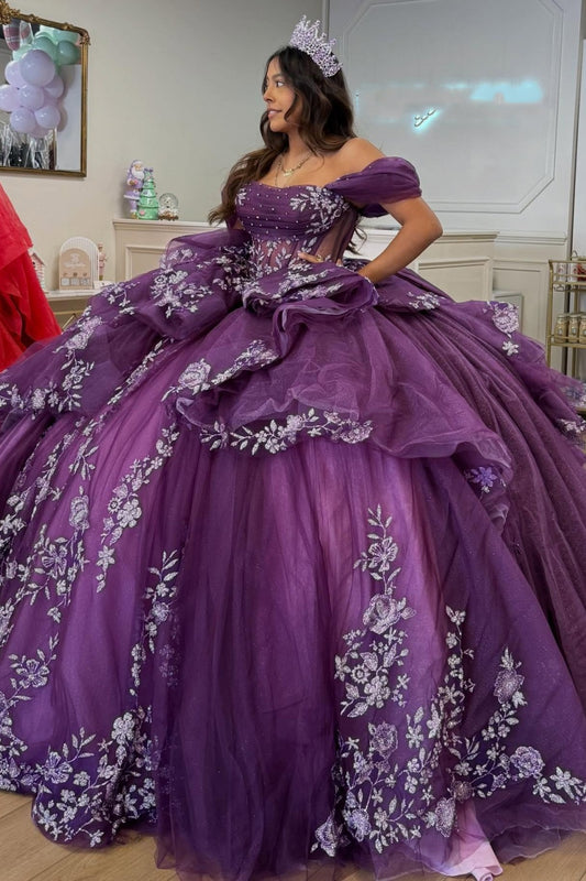 Off Shoulder Tulle Corset Appliqued Quinceanera Dresses Sweet 16 Party Gowns HE1288