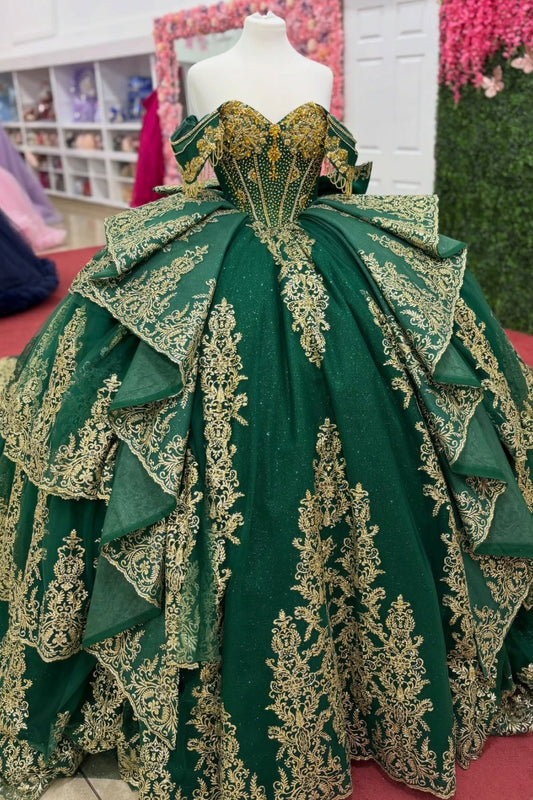 Off Shoulder Lace Appliqued Ruffled Quinceanera Dresses Green Sweet 16 Party Gowns HE1257