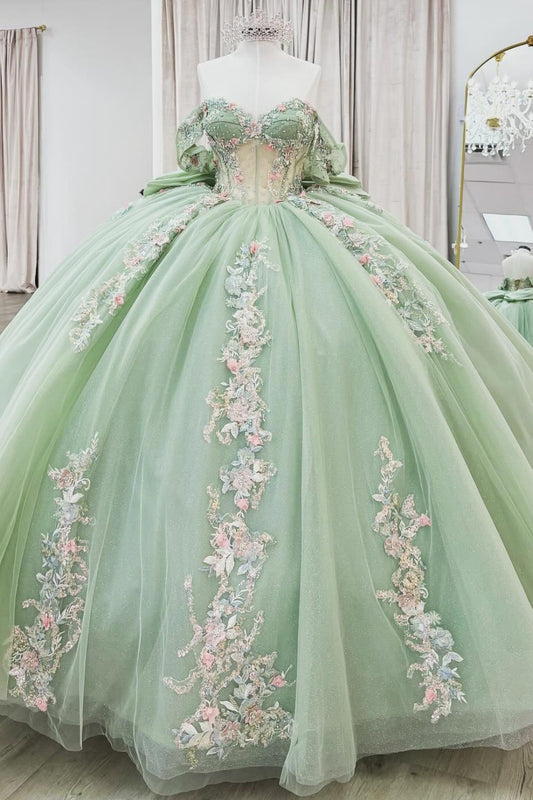 Princess Tulle Appliqued Green Quinceanera Dresses Corset Beaded Photoshoot Dress HE1304