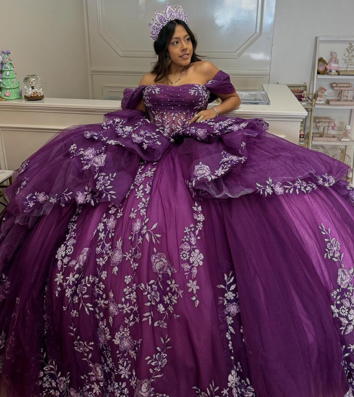 Off Shoulder Tulle Corset Appliqued Quinceanera Dresses Sweet 16 Party Gowns HE1288
