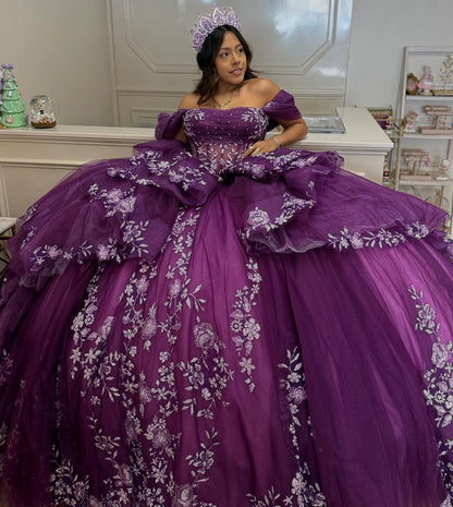 Off Shoulder Tulle Corset Appliqued Quinceanera Dresses Sweet 16 Party Gowns HE1288