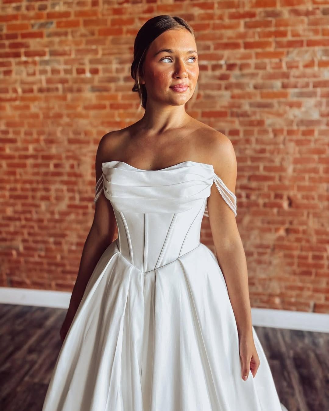 Off Shoulder A Line Satin Wedding Dresses for Bride Corset Wedding Gow – Hebebridal Off Shoulder A Line Satin Wedding Dresses for Bride Corset Wedding Gow – Hebebridal