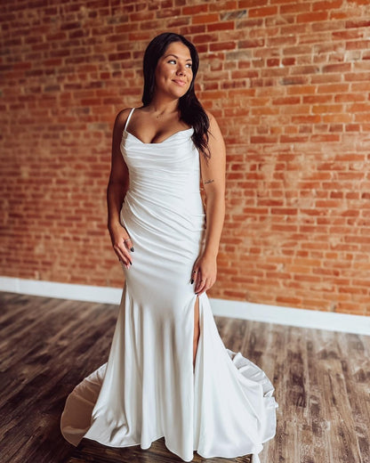 Mermaid Satin Pleated Wedding Dresses for Bride Spaghetti Straps Wedding Gowns HE1234