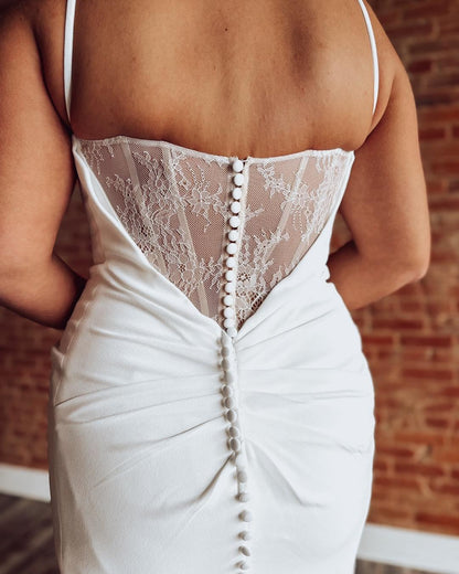 Mermaid Satin Pleated Wedding Dresses for Bride Spaghetti Straps Wedding Gowns HE1234