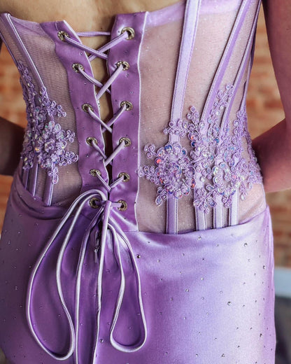 Satin Lace Corset Mermaid Strapless Long Prom Dresses for Women HE1476
