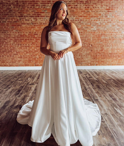 A Line Sweetheart Satin Pleated Wedding Dresses Strapless Boho Bride Wedding Gowns HE1236