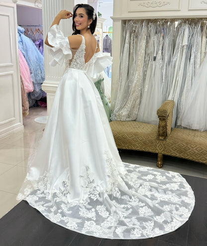 Satin A Line Appliqued Wedding Dresses V Neck Elegant Wedding Gowns for Women HE1382