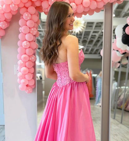 Sweetheart A Line Satin Lace Prom Dresses Long Strapless Evening Party Gown HE1421