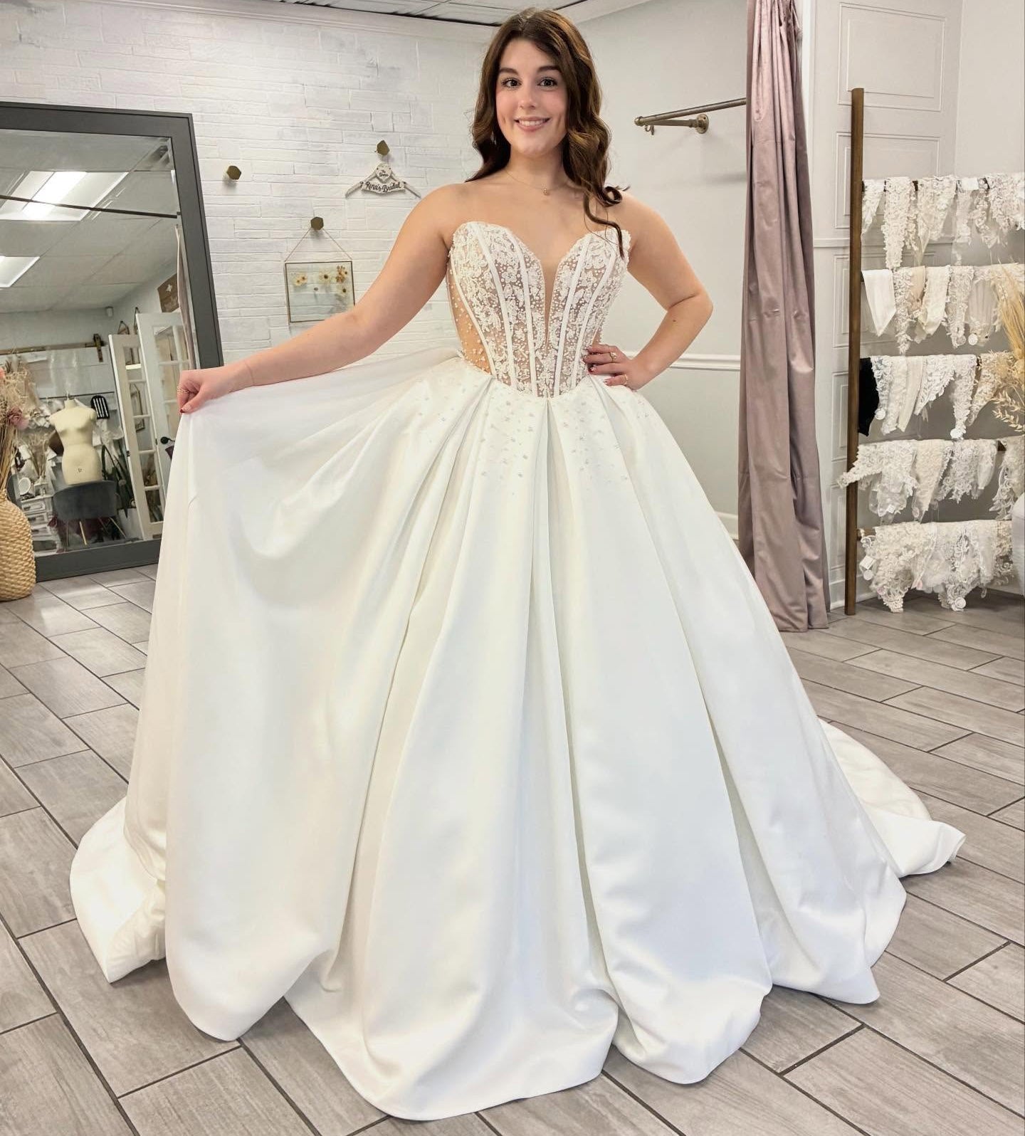 A Line Satin Lace Appliqued Wedding Dresses Strapless Boho Wedding Gowns HE1429