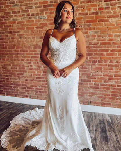 Women's Satin Lace Appliqued Wedding Dresses for Bride V Neck Wedding Gowns HE1424