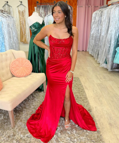 Vestido de noche largo de sirena con un hombro descubierto y lentejuelas brillantes, HE370