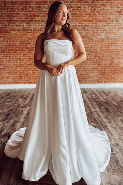 A Line Sweetheart Satin Pleated Wedding Dresses Strapless Boho Bride Wedding Gowns HE1236