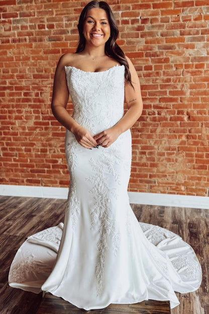 Mermaid Satin Appliqued Wedding Dresses Strapless Boho Wedding Gowns for Bride HE1423