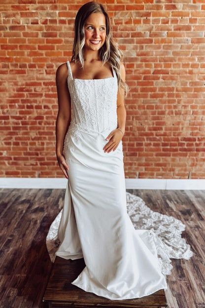 Mermaid Satin Lace Appliqued Wedding Gowns Corset Beach Wedding Dress for Bride HE1425