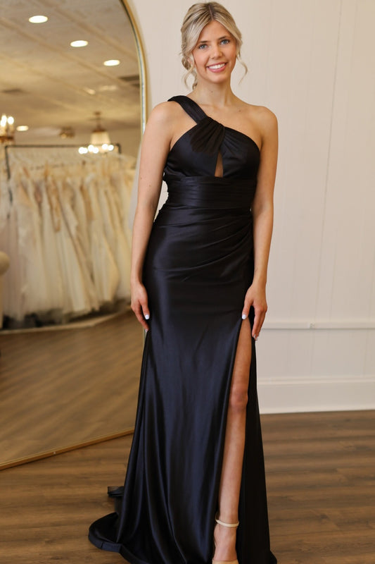 Women's Sheath Satin One Shoulder Keyhole Long Prom Dresses with Slit HE1474