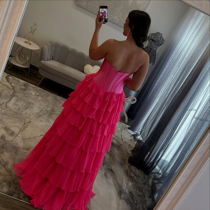 Sweetheart A Line Chiffon Tiered Prom Dresses Long Strapless Evening Party Gowns with Slit HE1373
