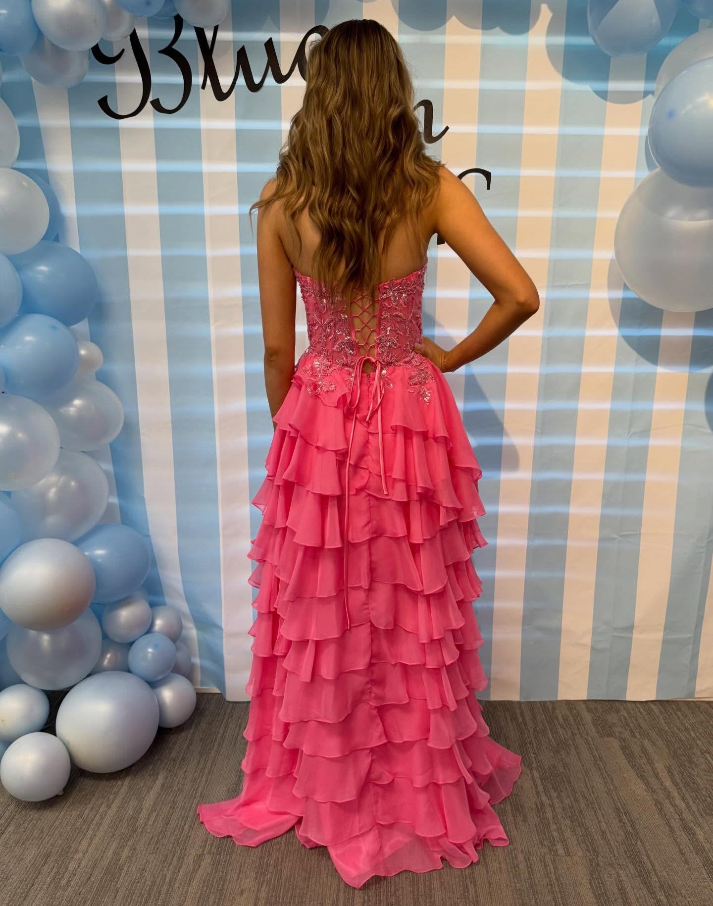 Women's Chiffon Ruffed Prom Dresses Long A Line Lace Appliqued Party Gowns HE1422