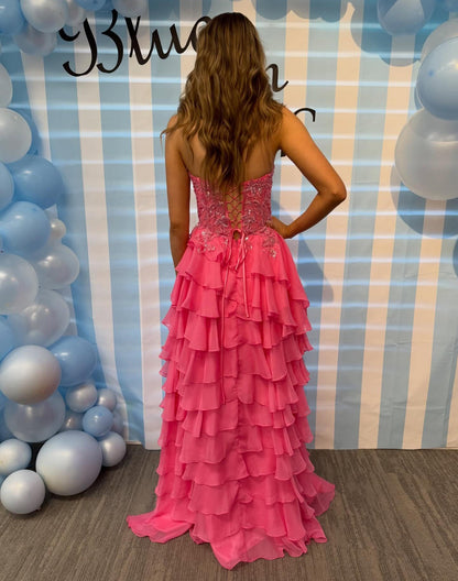 Women's Chiffon Ruffed Prom Dresses Long A Line Lace Appliqued Party Gowns HE1422