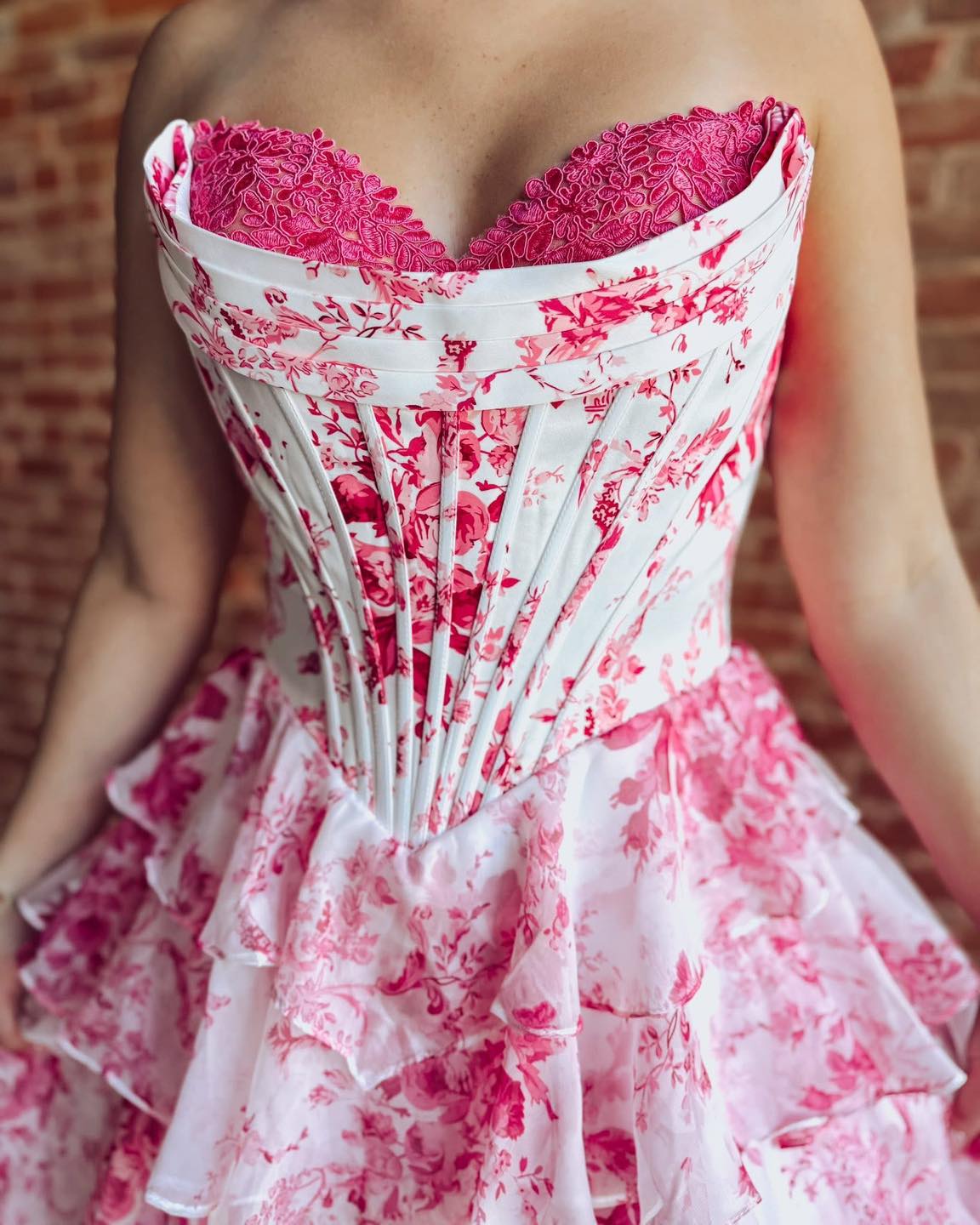 Women's Sweetheart Corset Chiffon Floral Print A Line Long Prom Dresses with Slit HE1478