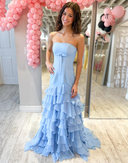 Mermaid Sweetheart Satin Chiffon Ruffled Long Prom Dresses for Women HE1466