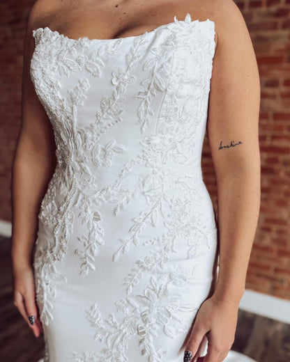 Mermaid Satin Appliqued Wedding Dresses Strapless Boho Wedding Gowns for Bride HE1423
