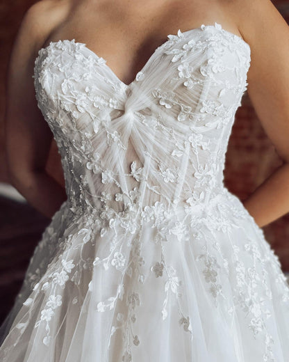 Sweetheart Tulle Appliqued Wedding Gowns for Women A Line Boho Wedding Dress HE1338
