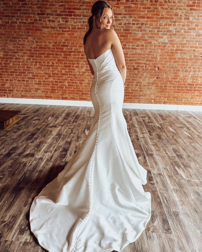 Strapless Mermaid Satin Pleated Wedding Dresses Corset Simple Wedding Gowns HE1239