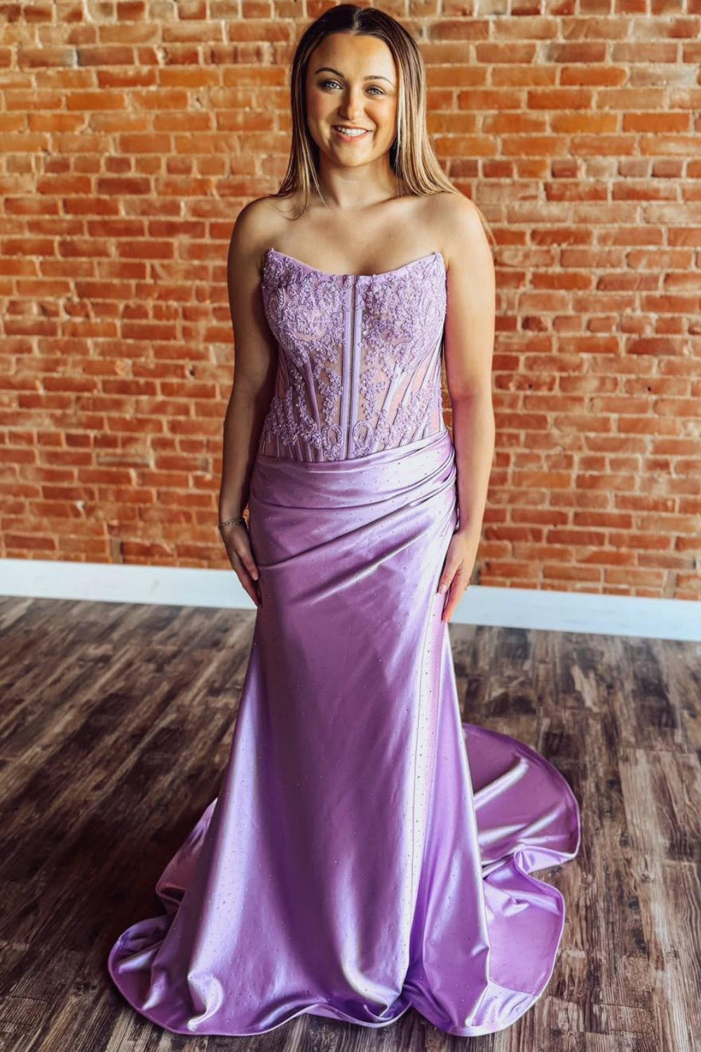 Satin Lace Corset Mermaid Strapless Long Prom Dresses for Women HE1476