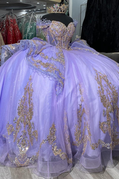 Off Shoulder Lace Beaded Lilac Quinceanera Dresses Corset Party Gowns for Sweet 15 HE1307
