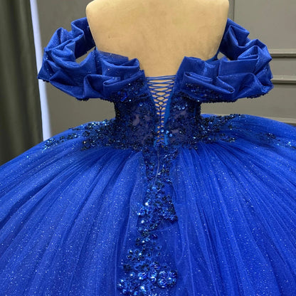Ball Gown Tulle Ruffled Blue Quinceanera Dresses Crystal Beaded Birthday Party Gowns HE1362