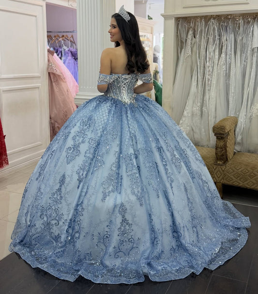 Luxury Crystal Beaded Blue Quinceanera Dresses Off Shoulder Sweet 16 Birthday Gown HE1400