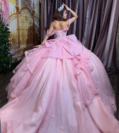 Ball Gown Tulle Lace Pink Quinceanera Dresses Ruffled Corset Sweet 16 Party Gowns HE1349