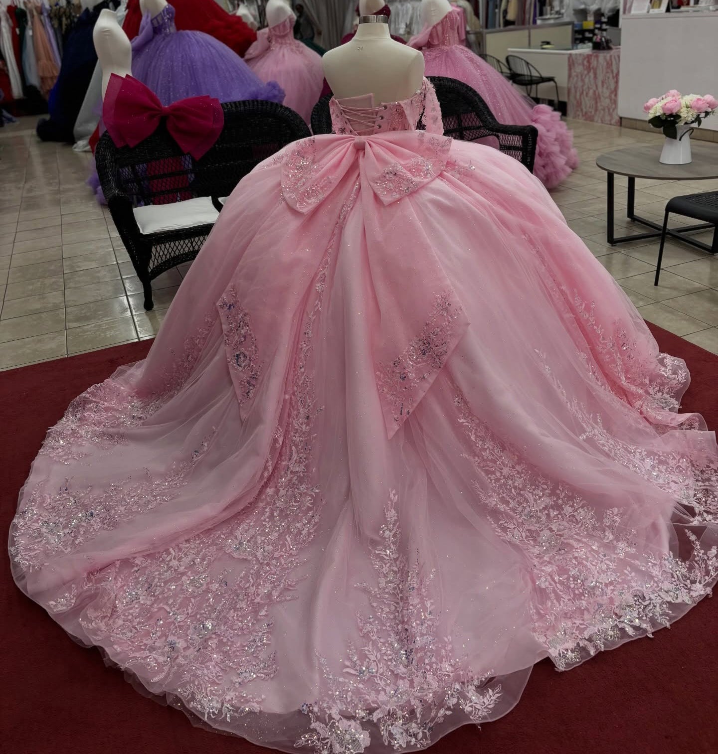Glittery Tulle Lace Appliqued Pink Quinceanera Dresses Sweet 16 Birthday Party Gown HE1394