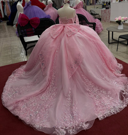 Glittery Tulle Lace Appliqued Pink Quinceanera Dresses Sweet 16 Birthday Party Gown HE1394