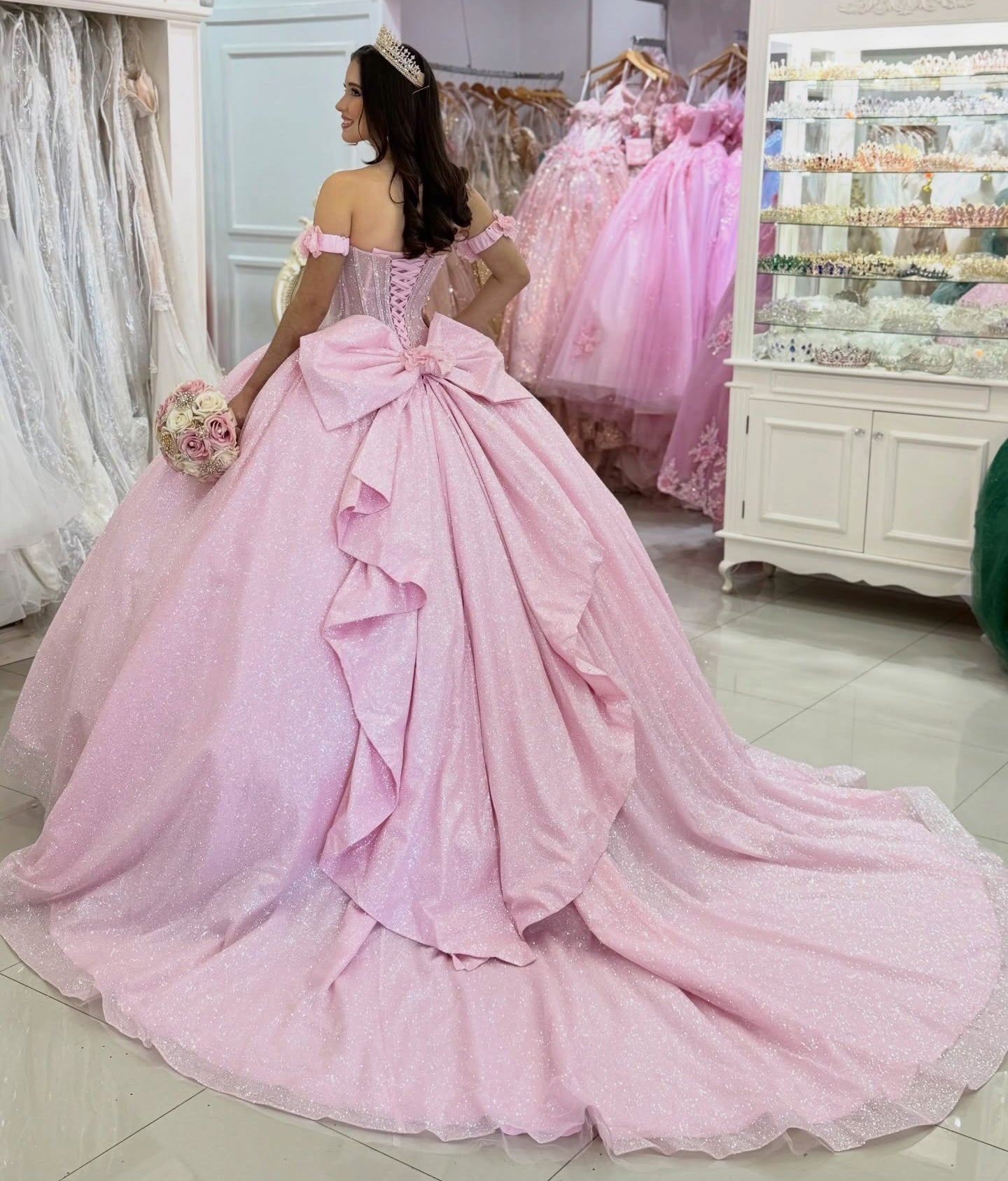 Glittery Tulle Pink Quinceanera Dresses Sequin Beaded Sweet 16 Birthday Party Gowns HE1403
