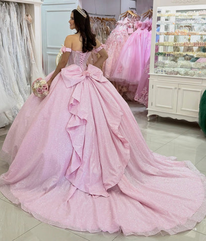 Glittery Tulle Pink Quinceanera Dresses Sequin Beaded Sweet 16 Birthday Party Gowns HE1403