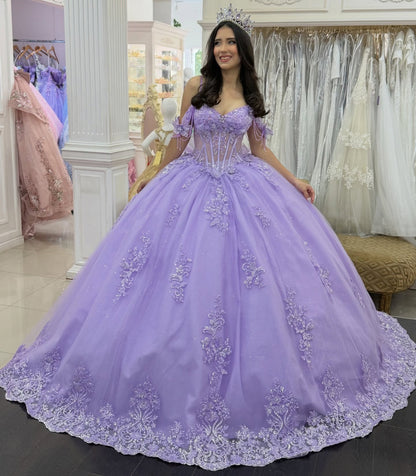 Princess Off Shoulder Lilac Quinceanera Dresses Lace Appliqued Sweet 15 Party Gowns HE1399