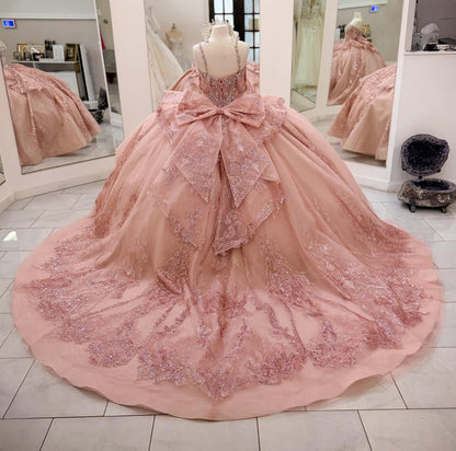 Ball Gown Lace Beaded Crystal Pink Quinceanera Dresses Sweetheart Party Gowns HE1255