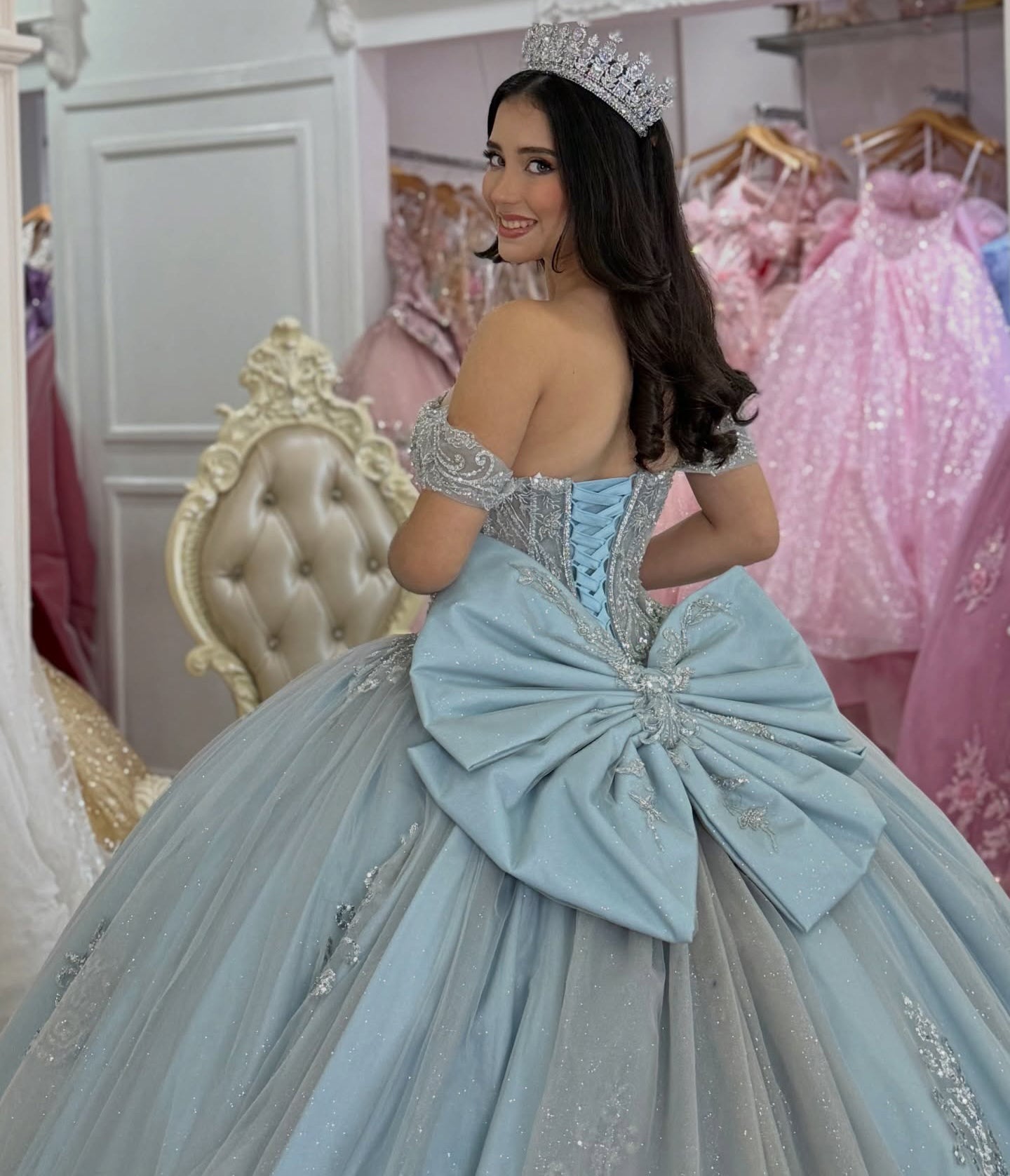 Princess Lace Sequin Appliqued Quinceanera Dresses Off Shoulder Sweet 16 Party Gown HE1404