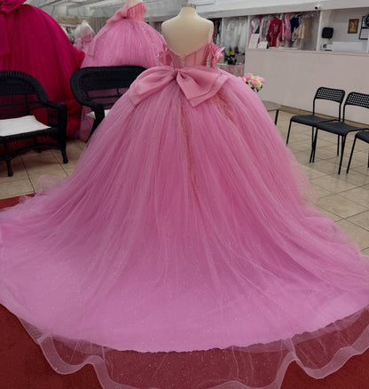 Glittery Tulle Crystal Beaded Pink Quinceanera Dresses Sweet 15 Party Gowns with Bowknot HE1409