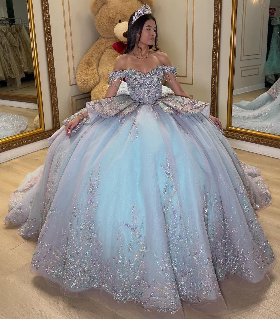 Vestidos de quinceañera con hombros descubiertos, tul princesa, apliques, vestidos de quinceañera HE530