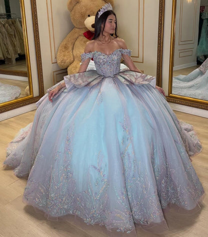 Vestidos de quinceañera con hombros descubiertos, tul princesa, apliques, vestidos de quinceañera HE530