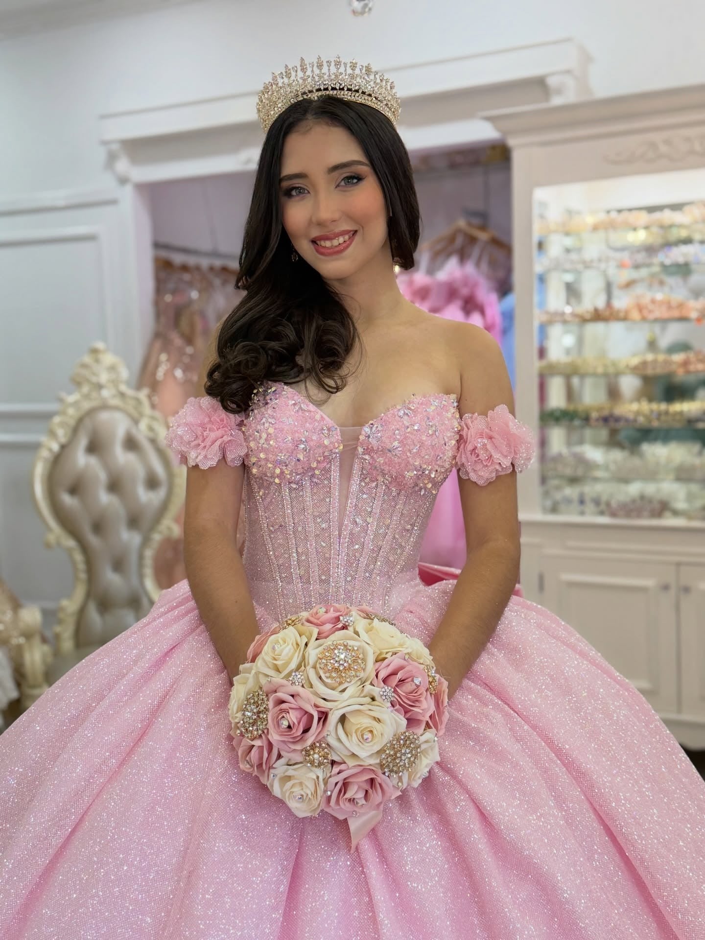 Glittery Tulle Pink Quinceanera Dresses Sequin Beaded Sweet 16 Birthday Party Gowns HE1403
