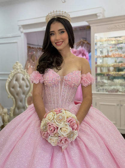 Glittery Tulle Pink Quinceanera Dresses Sequin Beaded Sweet 16 Birthday Party Gowns HE1403