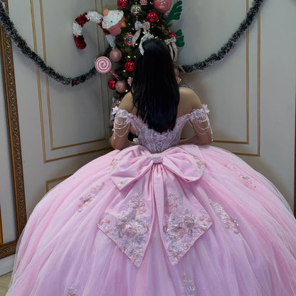 Off Shoulder Princess Sweet 16 Quinceanera Dresses Pink Corset Birthday Party Gowns HE1262