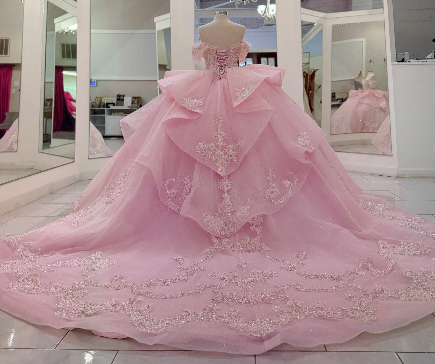 Ball Gown Lace Appliqued Pink Quinceanera Dresses Sweet 15 Off Shoulder Party Gown HE1397