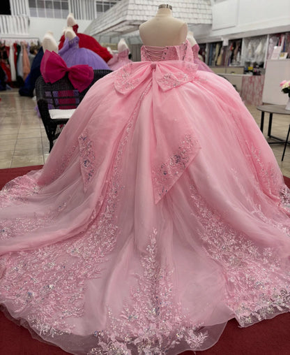 Glittery Tulle Lace Appliqued Pink Quinceanera Dresses Sweet 16 Birthday Party Gown HE1394